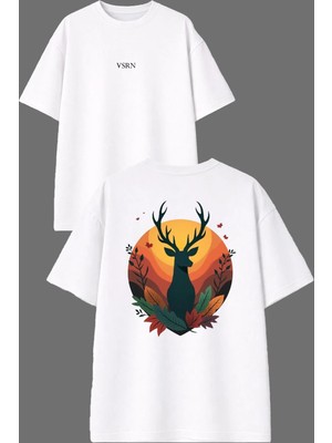 Vsrn Manzara Geyik Tasarım Ön Arka Baskılı Beyaz Oversize T Shirt