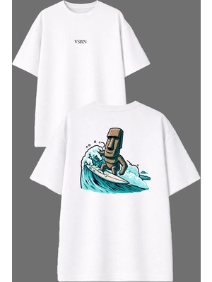 Vsrn Surfçü Heykel Tasarım Ön Arka Baskılı Beyaz Oversize T Shirt