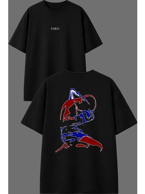 Vsrn Kazanan Boksör Tasarım Ön Arka Baskılı Siyah Oversize T Shirt