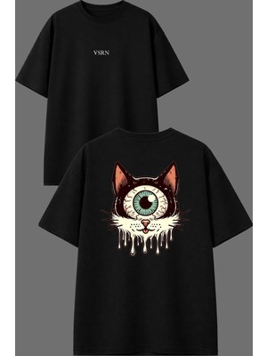 Vsrn Kedi Tek Gözlü Tasarım Ön Arka Baskılı Siyah Oversize T Shirt