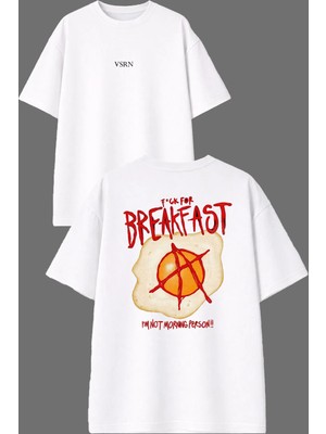 Vsrn I Dont Like Breakfast Tasarım Ön Arka Baskılı Beyaz Oversize T Shirt