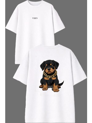 Vsrn Yavru Siyah Köpek Tasarım Ön Arka Baskılı Beyaz Oversize T Shirt