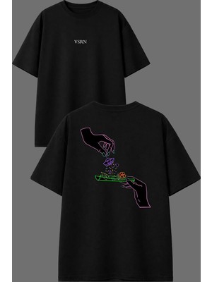 Vsrn Eller Sarıyor Tasarım Ön Arka Baskılı Siyah Oversize T Shirt