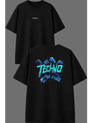 Vsrn Techno Mavi Tasarım Ön Arka Baskılı Siyah Oversize T Shirt