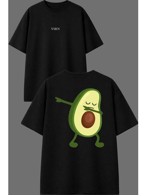 Vsrn Havalı Avakado Tasarım Ön Arka Baskılı Siyah Oversize T Shirt
