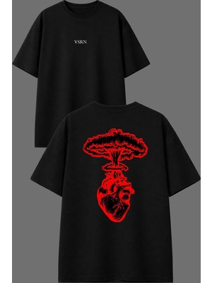 Vsrn Kalp Patladı Tasarım Ön Arka Baskılı Siyah Oversize T Shirt