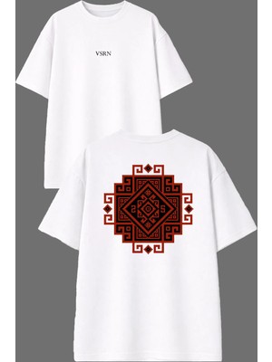 Vsrn Kare Kilim Tasarım Ön Arka Baskılı Beyaz Oversize T Shirt
