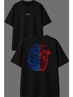 Vsrn Beyin Kalp Tasarım Ön Arka Baskılı Siyah Oversize T Shirt
