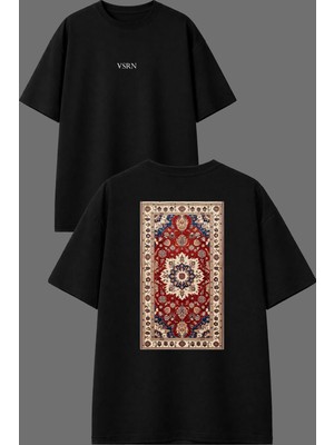 Vsrn Eski Türk Halısı Tasarım Ön Arka Baskılı Siyah Oversize T Shirt