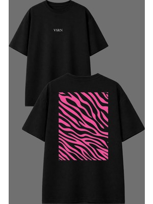 Vsrn Pembe Zebra Tasarım Ön Arka Baskılı Siyah Oversize T Shirt