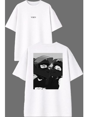 Vsrn Motorcu Aşkları Tasarım Ön Arka Baskılı Beyaz Oversize T Shirt