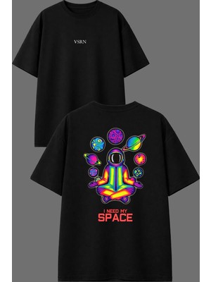 Vsrn Uzayda Meditasyon Tasarım Ön Arka Baskılı Siyah Oversize T Shirt