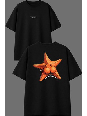 Vsrn Deniz Yıldızı Tasarım Ön Arka Baskılı Siyah Oversize T Shirt
