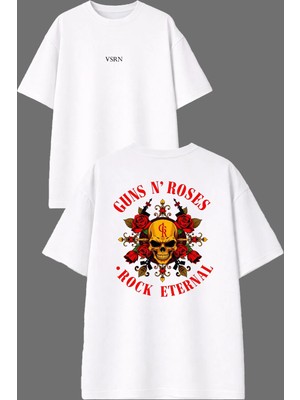 Vsrn Guns N Roses Tasarım Ön Arka Baskılı Beyaz Oversize T Shirt