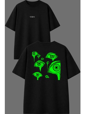 Vsrn Havalı Yeşil Gözler Tasarım Ön Arka Baskılı Siyah Oversize T Shirt