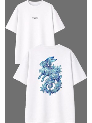 Vsrn Mızraklı Tavşan Tasarım Ön Arka Baskılı Beyaz Oversize T Shirt