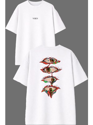 Vsrn 4 Garip Göz Tasarım Ön Arka Baskılı Beyaz Oversize T Shirt