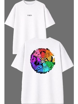 Vsrn Animeler Tasarım Ön Arka Baskılı Beyaz Oversize T Shirt