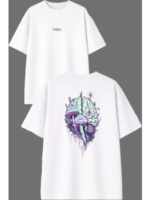 Vsrn Beyin Mantarlı Tasarım Ön Arka Baskılı Beyaz Oversize T Shirt