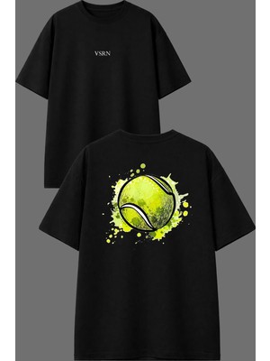 Vsrn Tenis Topu Tasarım Ön Arka Baskılı Siyah Oversize T Shirt