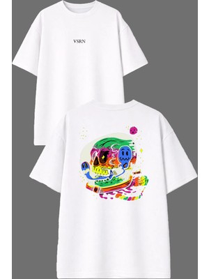 Vsrn Havalı Iskelet Tasarım Ön Arka Baskılı Beyaz Oversize T Shirt