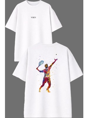 Vsrn Renkli Tennis Tasarım Ön Arka Baskılı Beyaz Oversize T Shirt