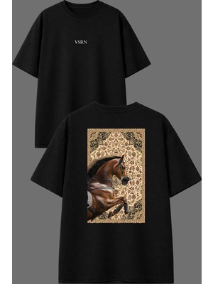 Vsrn Şaha Kalkmış Etnik Tasarım Ön Arka Baskılı Siyah Oversize T Shirt