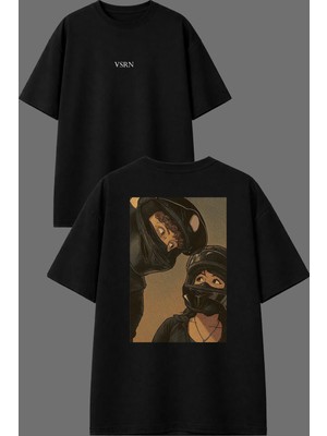 Vsrn Tek Gerçek Motorcular Sever Tasarım Ön Arka Baskılı Siyah Oversize T Shirt