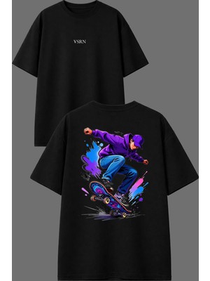 Vsrn Mor Sweatli Kaykaycı Tasarım Ön Arka Baskılı Siyah Oversize T Shirt