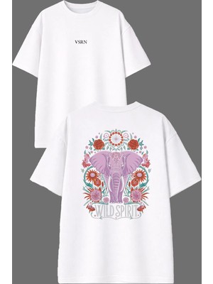 Vsrn Wıld Sprıt Tasarım Ön Arka Baskılı Beyaz Oversize T Shirt