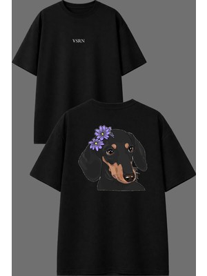 Vsrn Çiçekli Köpek Tasarım Ön Arka Baskılı Siyah Oversize T Shirt