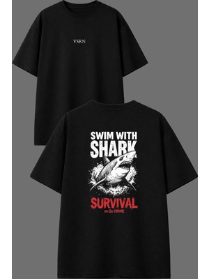 Vsrn Survıval Shark Tasarım Ön Arka Baskılı Siyah Oversize T Shirt
