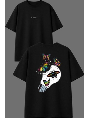 Vsrn Kırık Ampul Tasarım Ön Arka Baskılı Siyah Oversize T Shirt