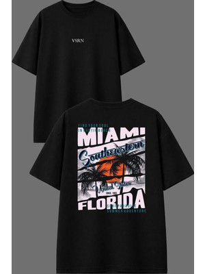 Vsrn Mıamı Florida Tasarım Ön Arka Baskılı Siyah Oversize T Shirt