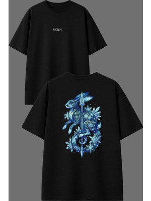 Vsrn Mızraklı Tavşan Tasarım Ön Arka Baskılı Siyah Oversize T Shirt