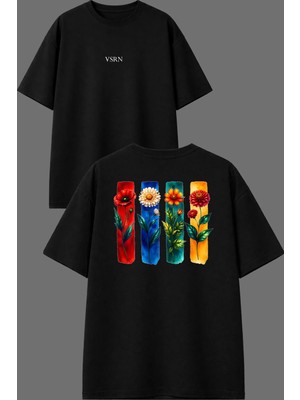 Vsrn 4 Farklı Çiçek Tasarım Ön Arka Baskılı Siyah Oversize T Shirt