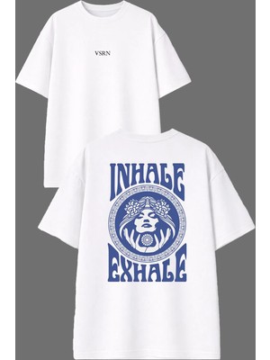 Vsrn Inhale Tasarım Ön Arka Baskılı Beyaz Oversize T Shirt