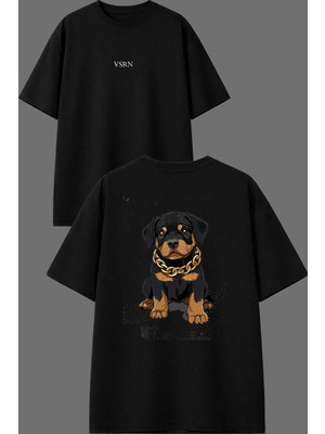 Vsrn Yavru Siyah Köpek Tasarım Ön Arka Baskılı Siyah Oversize T Shirt