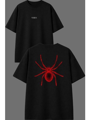 Vsrn Kırmızı Parıldar Örümcek Tasarım Ön Arka Baskılı Siyah Oversize T Shirt