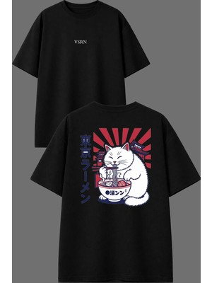 Vsrn Makarna Yiyen Kedi Tasarım Ön Arka Baskılı Siyah Oversize T Shirt