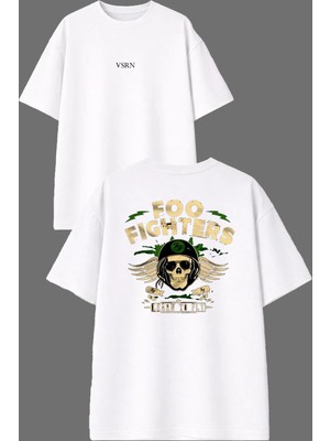Vsrn Kanatlı Iskelet Tasarım Ön Arka Baskılı Beyaz Oversize T Shirt