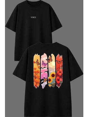 Vsrn 4 Renkli Kelebek Tasarım Ön Arka Baskılı Siyah Oversize T Shirt