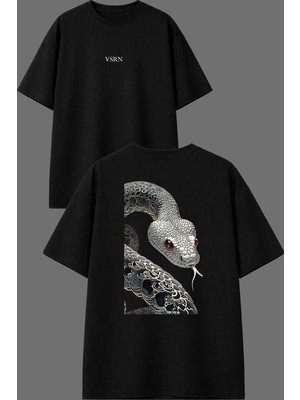 Vsrn Büyük Yılan Tasarım Ön Arka Baskılı Siyah Oversize T Shirt