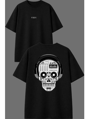 Vsrn Dj Iskelet Tasarım Ön Arka Baskılı Siyah Oversize T Shirt