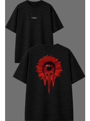 Vsrn Kırmızı Ayçiçeği Tasarım Ön Arka Baskılı Siyah Oversize T Shirt