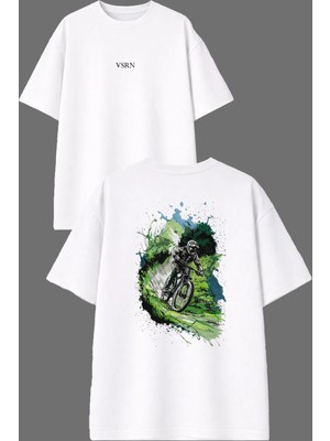 Vsrn Manzarada Cross Tasarım Ön Arka Baskılı Beyaz Oversize T Shirt