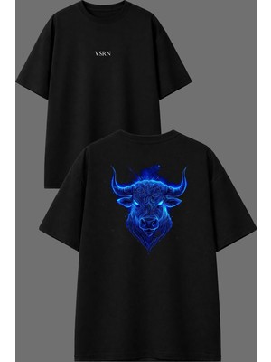 Vsrn Mavi Boğa Tasarım Ön Arka Baskılı Siyah Oversize T Shirt