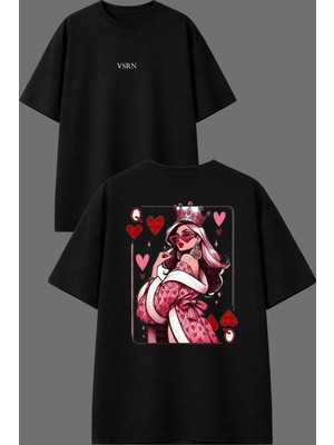 Vsrn Prenses Iskambil Tasarım Ön Arka Baskılı Siyah Oversize T Shirt