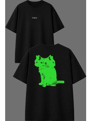 Vsrn Hipnoz Kediler Tasarım Ön Arka Baskılı Siyah Oversize T Shirt