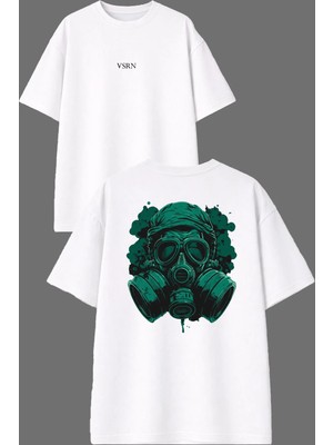 Vsrn Yeşil Gaz Maskesi Tasarım Ön Arka Baskılı Beyaz Oversize T Shirt